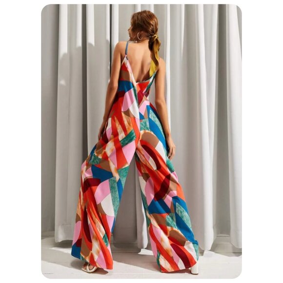 !! Luukse MultiColor Spaghetti Strap Artsy Jumpsuit sz L - Picture 2 of 8